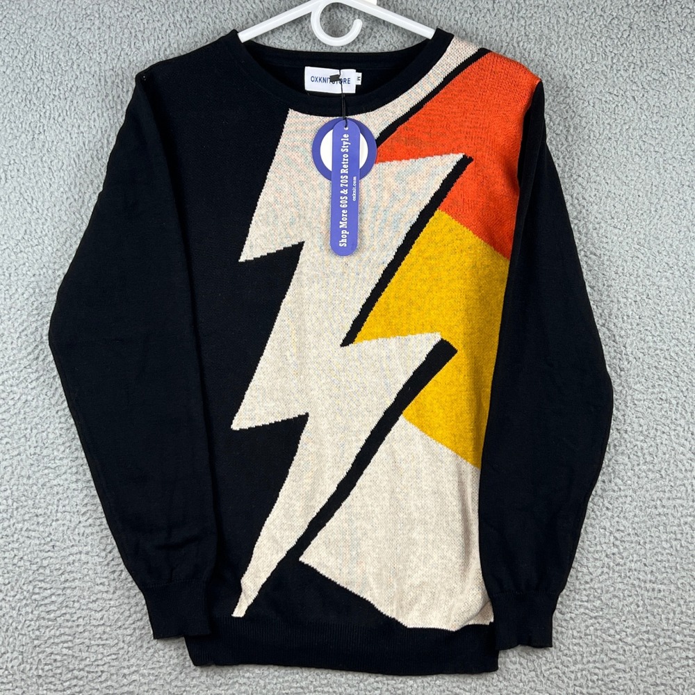 Oxknit Store Retro Lightning Bolt Sweater Black Orange Yellow Colorblock Mens M